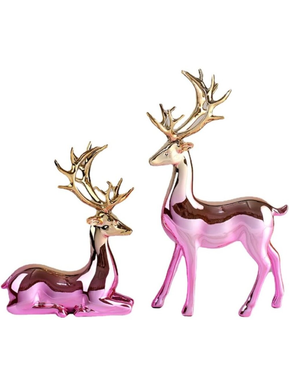 Set of 2 Elk Deer Figurines - Pink Gold Gradient Resin Sculptures for Home Decor